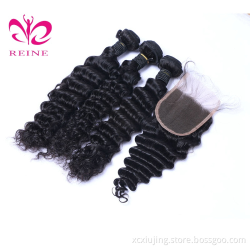 REINE Wholesale Human No Tangle No Shedding Malaysian Deep Wave Hair Bundles With Closure Remy Hair